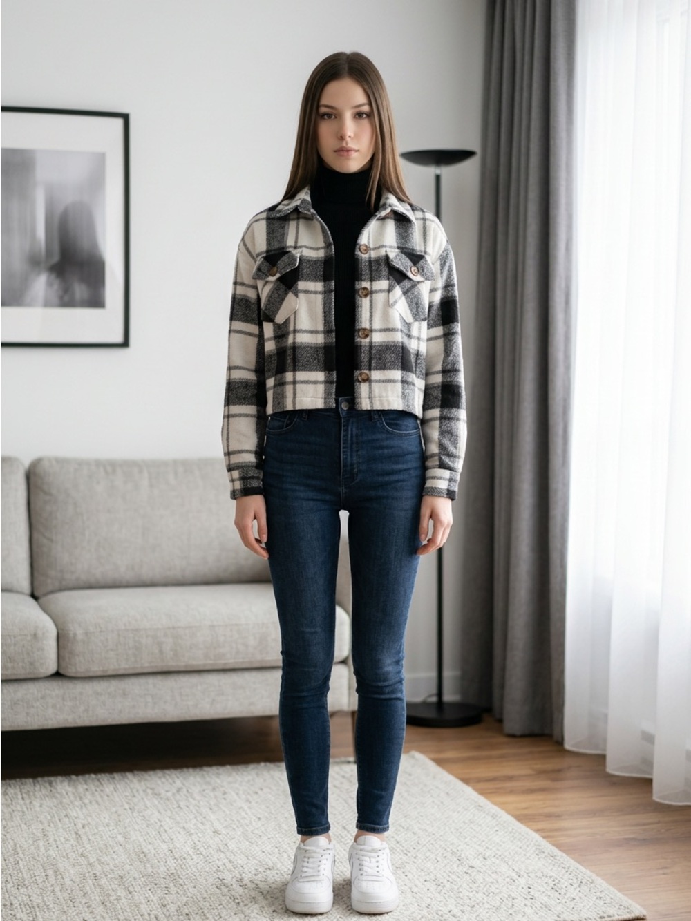 Toska Dark Blue Skinny Jeans with Black Turtleneck and Plaid Shacket